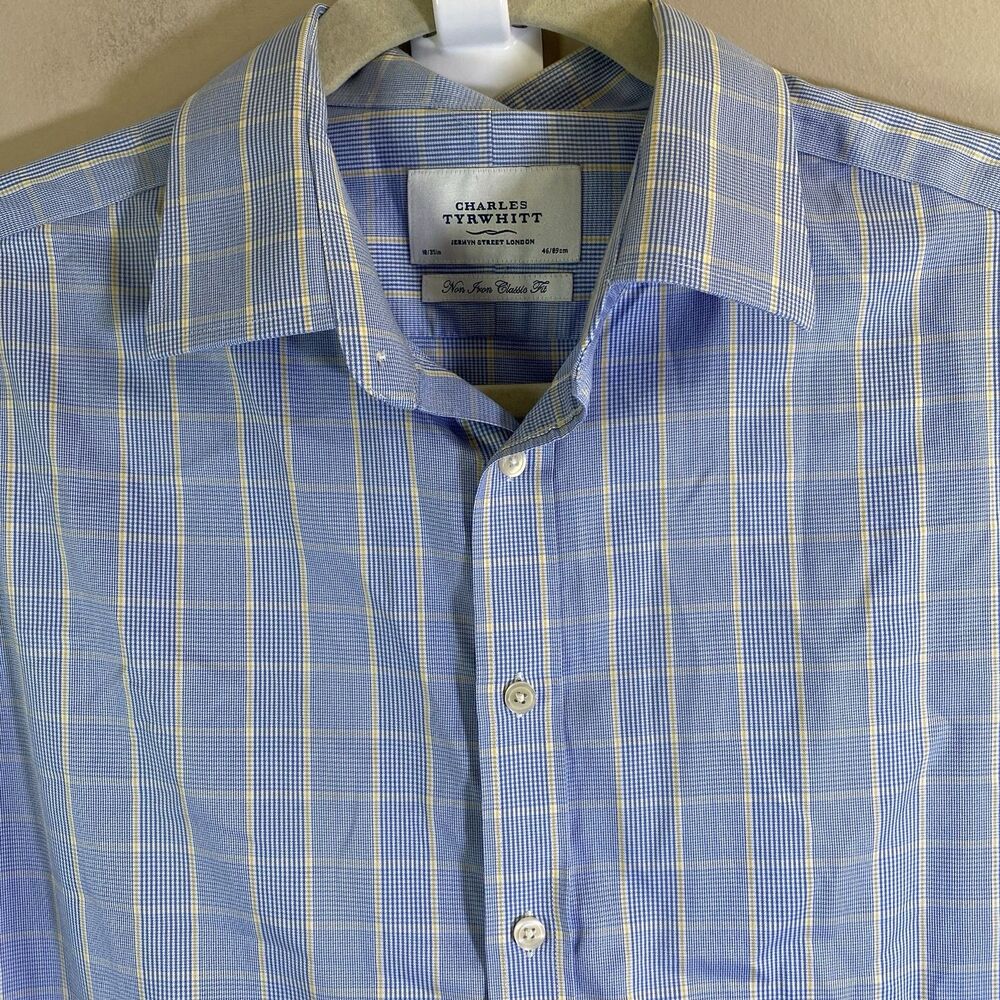 Charles Tyrwitt Dress Shirt 18 35 Blue Yellow Check Plaid Classic Fit  Non Iron